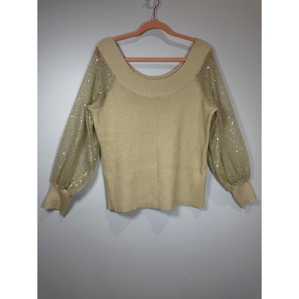 Cato Women Plus 22/24 Pale Gold Metallic Knit Sweater Sequin Mesh Balloon Sleeve